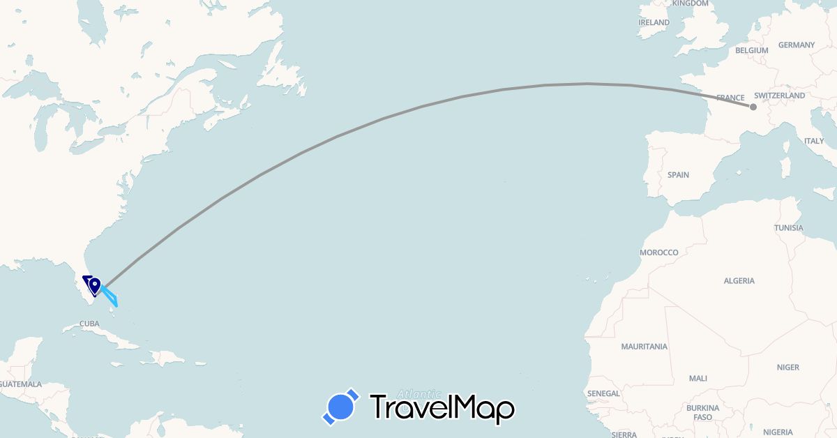 TravelMap itinerary: driving, plane, boat in Bahamas, France, United States (Europe, North America)